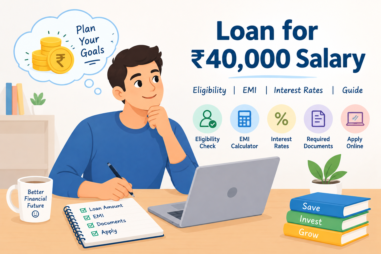 Loan for ₹40,000 salary – a simple illustration of a salaried employee planning finances, with information about personal loan eligibility, EMI calculations, interest rates, required documents, and online loan applications.